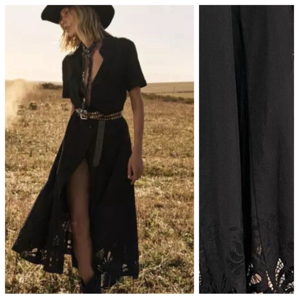 NWT Zara Black 100% Cotton Midi Dress with Matching Belt. Size S.